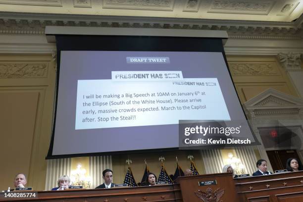 Draft tweet from former U.S. President Donald Trump appears on a video screen above members of the Select Committee to Investigate the January 6th...