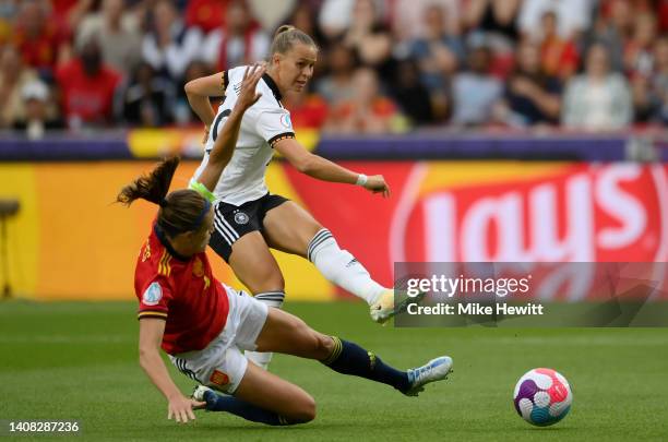 Klara Buhl of Germany scores their team's first goal during the UEFA Women's Euro 2022 group B match between Germany and Spain at Brentford Community...