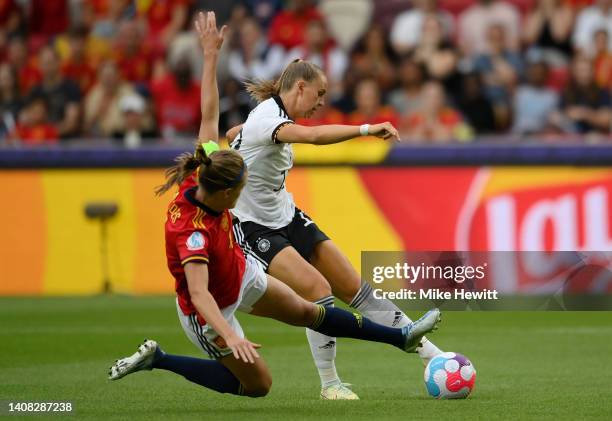 Klara Buhl of Germany scores their team's first goal during the UEFA Women's Euro 2022 group B match between Germany and Spain at Brentford Community...