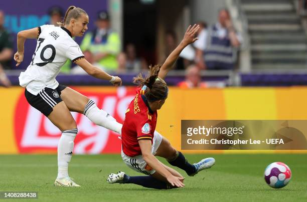 Klara Buhl of Germany scores their team's first goal during the UEFA Women's Euro 2022 group B match between Germany and Spain at Brentford Community...