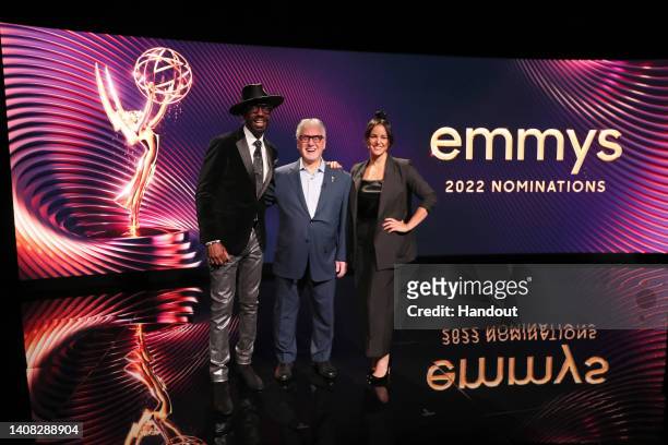 Television Academy Chairman and CEO Frank Scherma, center, welcomes J.B. Smoove and Melissa Fumero to announce the 74th Emmy Awards Nominations via...