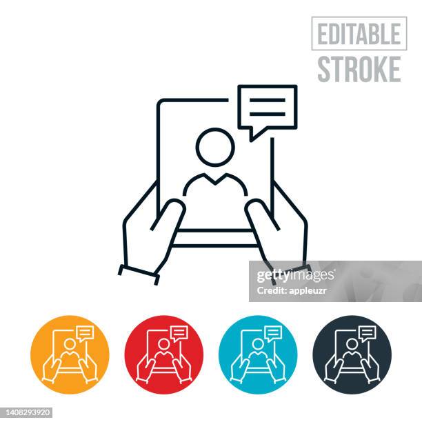 video conference on tablet pc thin line icon - editable stroke - virtual training stock illustrations