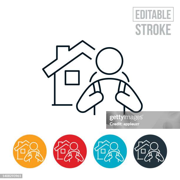 illustrations, cliparts, dessins animés et icônes de élève portant un sac à dos faisant l’école à la maison icône de ligne mince - trait modifiable - instruction à domicile