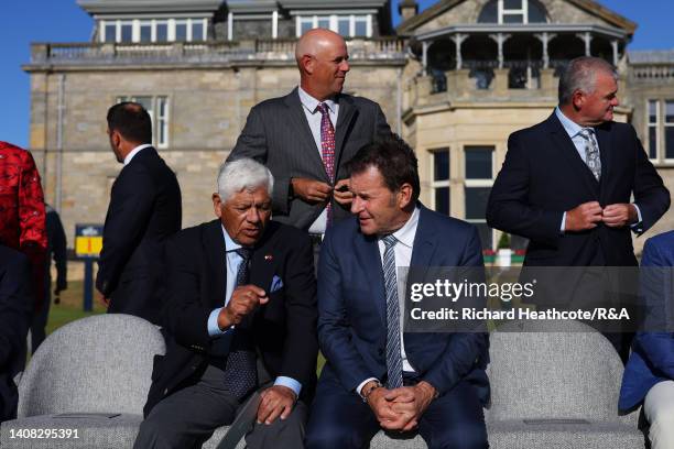 Lee Trevino of the United States and Sir Nick Faldo of England speak before the Past Champions Dinner prior to The 150th Open at St Andrews Old...