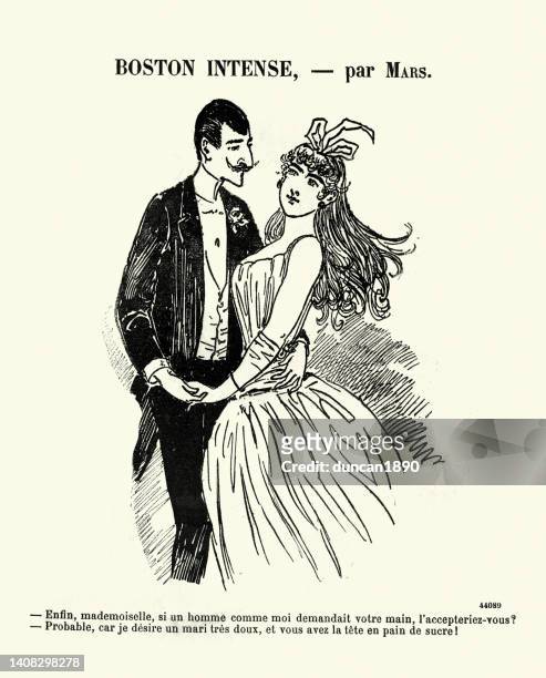 vintage illustration, cartoon of youn couple dancing the boston dance, french, 1890s, 19th century. - couple archival stock illustrations