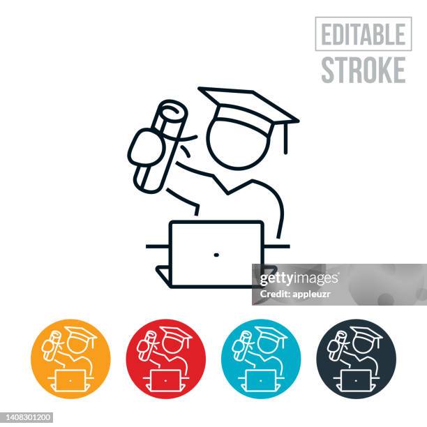 graduate holding online degree diploma thin line icon - editable stroke - excited computer stock illustrations