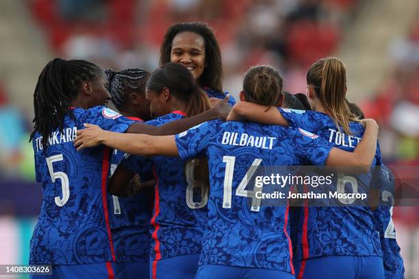 Grace Geyoro of France celebrates with team mates after scoring her third goal to complete her hat-trick and give the side a 5-0 lead during the UEFA...