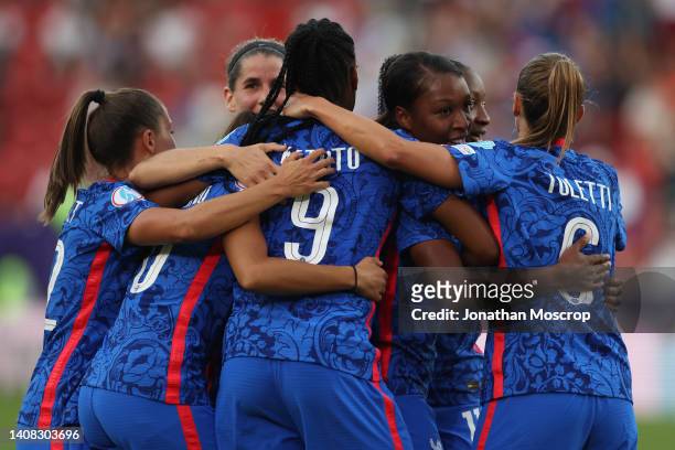 Grace Geyoro of France celebrates with team mates after scoring her third goal to complete her hat-trick and give the side a 5-0 lead during the UEFA...