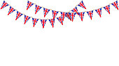 UK flag garland. Union Jack pennants chain. British party bunting decoration. Great Britain flags for celebration. Vector footer and banner background.