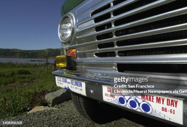 Bumper stickers on Robert Krick's camper van validates his life-long love and devotion to the battleship he served on during WWII. USS IOWA PAUL...