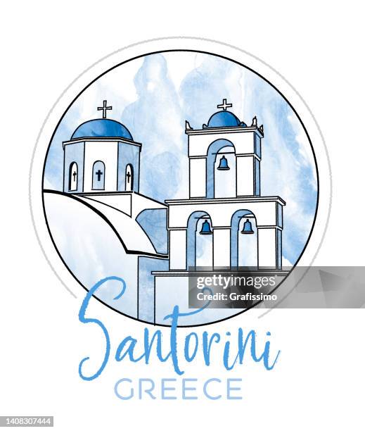 santorini bell tower and blue domes in oia on greece illustration in flat design on round badge - santorini 幅插畫檔、美工圖案、卡通及圖標