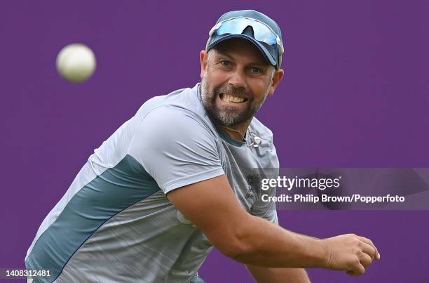 Carl Hopkinson of England throws a ball in the break during the first Royal London ODI between England and India at The Kia Oval on July 12, 2022 in...