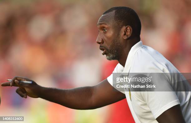 Jimmy Floyd Hasselbaink manager of Burton Albion gestures during the pre-season friendly match between Burton Albion and Nottingham Forest at Pirelli...