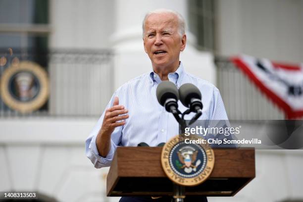 President Joe Biden delivers brief remarks during the Congressional Picnic on the South Lawn of the White House on July 12, 2022 in Washington, DC....