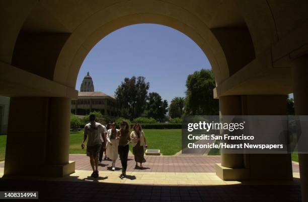 Courtney Vartan, asst. Director of student affairs, led a handful of graduating MBA students on a rehearsal for graduation ceremonies at Stanford's...