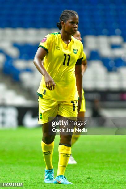 Khadija Shaw of Jamaica looks on during the match between Jamaica and Haiti as part of the 2022 Concacaf W Championship at BBVA Stadium on July 11,...