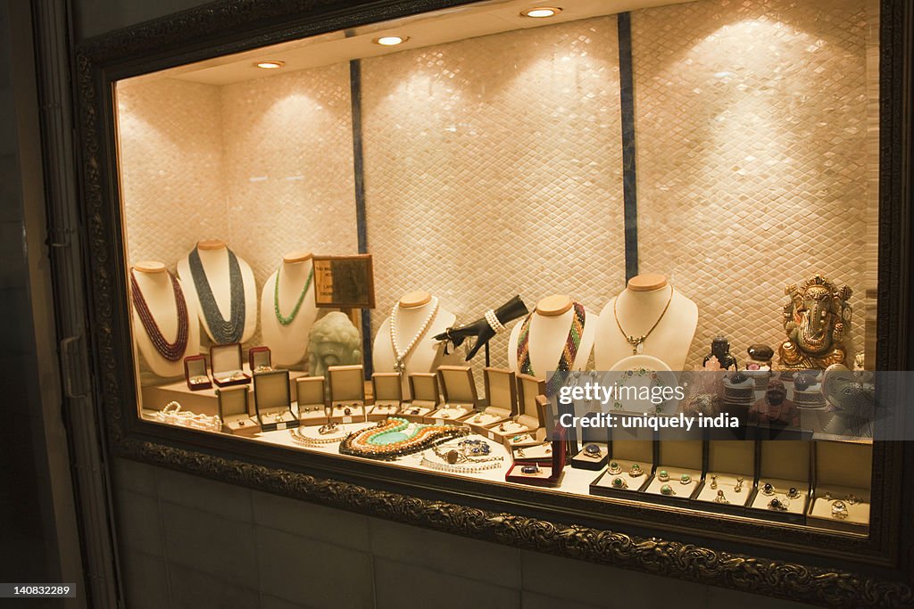 Jewelry on display in a jewelry store, New Delhi, India