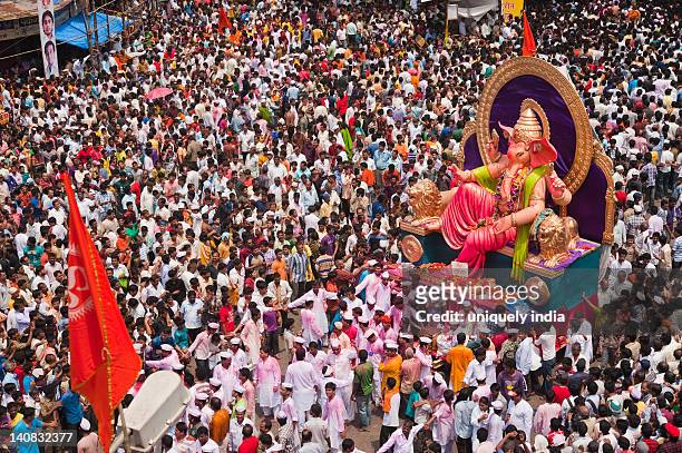 crowd at religious procession during ganpati visarjan ceremony, mumbai, maharashtra, india - ganesha ストックフォトと画像