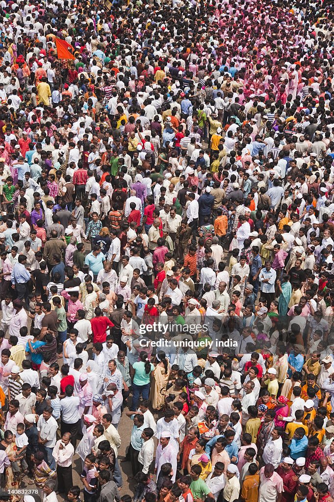 Crowd at religious procession during Ganpati visarjan ceremony, Mumbai, Maharashtra, India