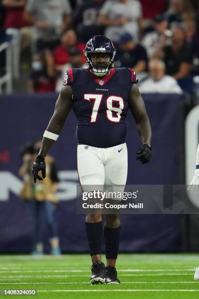 Laremy Tunsil of the Houston Texans gets set against the Carolina Panthers during an NFL game at NRG Stadium on September 23, 2021 in Houston, Texas.