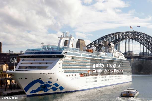 The Coral Princess docks at Circular Quay on July 13, 2022 in Sydney, Australia. The Coral Princess, currently experiencing a COVID-19 outbreak on...