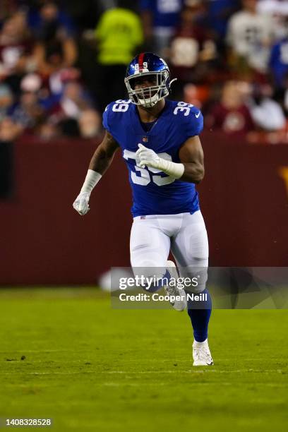 Elijhaa Penny of the New York Giants plays the field against the Washington Football Team during an NFL game at FedExField on September 16, 2021 in...