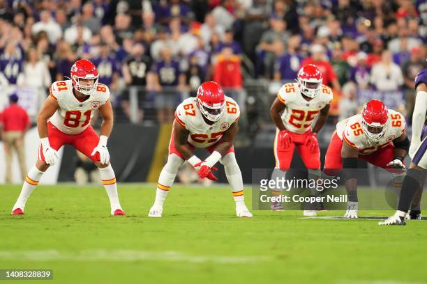 Kansas City Chiefs offense gets set on the line of scrimmage during an NFL game against the Baltimore Ravens at M&T Bank Stadium on September 19,...