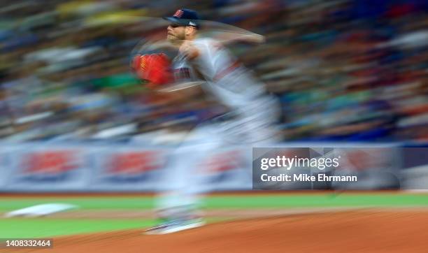 Chris Sale of the Boston Red Sox pitches during a game against the Tampa Bay Rays at Tropicana Field on July 12, 2022 in St Petersburg, Florida.
