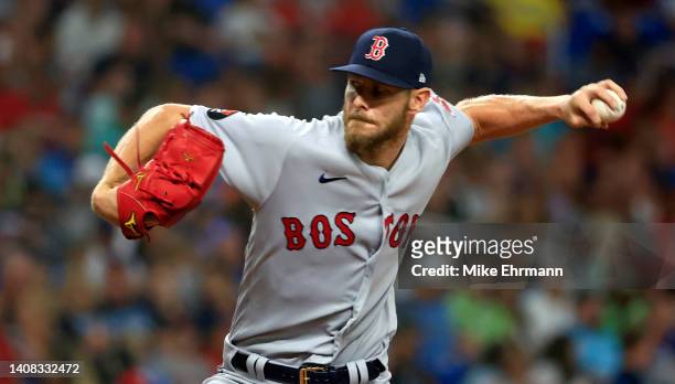 Chris Sale of the Boston Red Sox pitches during a game against the Tampa Bay Rays at Tropicana Field on July 12, 2022 in St Petersburg, Florida.