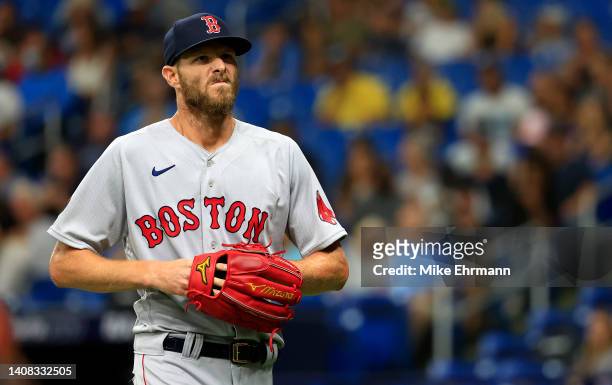 Chris Sale of the Boston Red Sox looks on during a game against the Tampa Bay Rays at Tropicana Field on July 12, 2022 in St Petersburg, Florida.