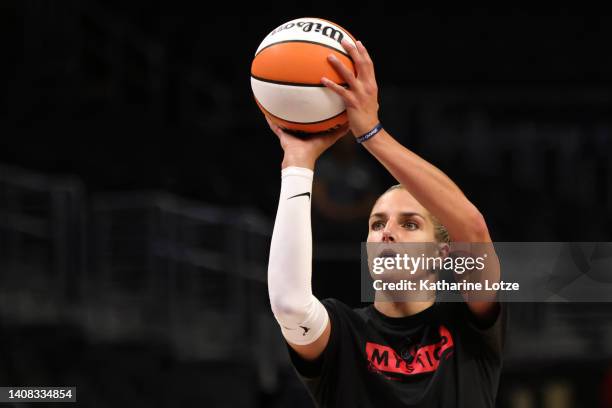 Elena Delle Donne of the Washington Mystics warms up ahead of a game against the Los Angeles Sparks at Crypto.com Arena on July 12, 2022 in Los...