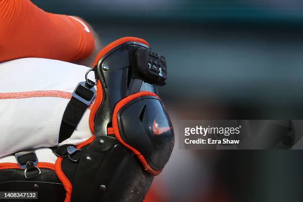 Close up of the electronic pitch calling device worn by Joey Bart of the San Francisco Giants during their game against the Arizona Diamondbacks at...