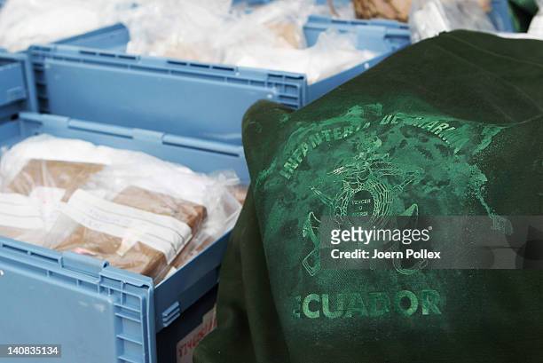 Packages containing confiscated cocaine are seen at a press conference on March 4, 2012 in Hamburg, Germany. Agents seized 260 kg of cocaine aboard...