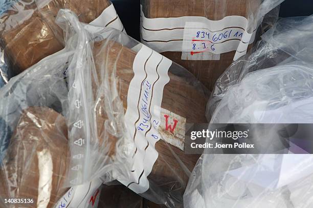 Packages containing confiscated cocaine are seen at a press conference on March 4, 2012 in Hamburg, Germany. Agents seized 260 kg of cocaine aboard...