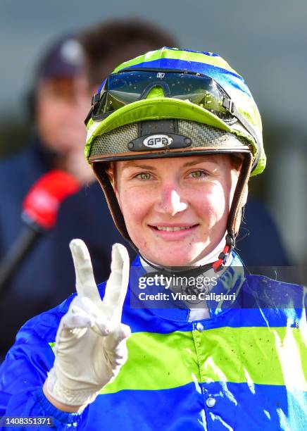 Jamie Kah riding Pacific Ruby after winning Race 4, the Ladbrokes Live Betting Handicap, during Melbourne Racing at Sandown Hillside on July 13, 2022...