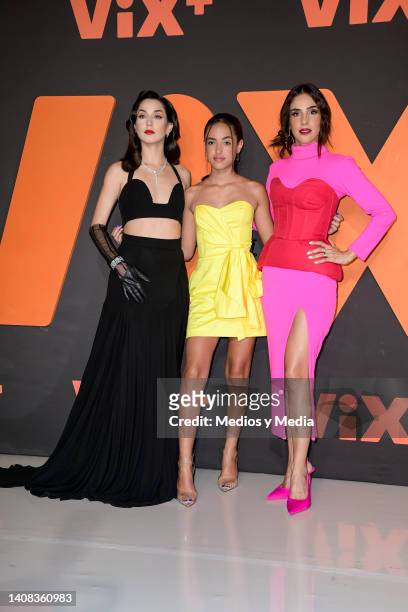 Ximena Romo, Abril Vergara and Sandra Echeverría pose for a photo on the red carpet for the new series Maria Felix La Doña at St. Regis Hotel on July...