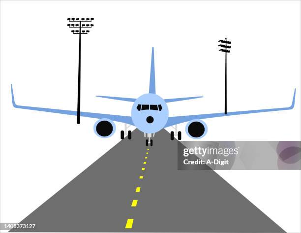 airplane on runway blue - empty runway stock illustrations