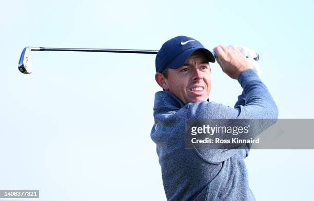 Rory McIlroy of Northern Ireland plays a shot during a practice round prior to The 150th Open at St Andrews Old Course on July 13, 2022 in St...