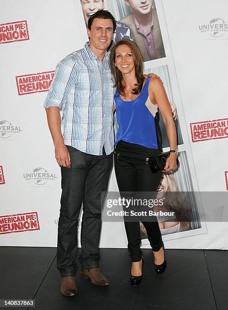 Matthew Lloyd and his wife Lisa Lloyd arrive at the Australian premiere of "American Pie: Reunion" on March 7, 2012 in Melbourne, Australia.