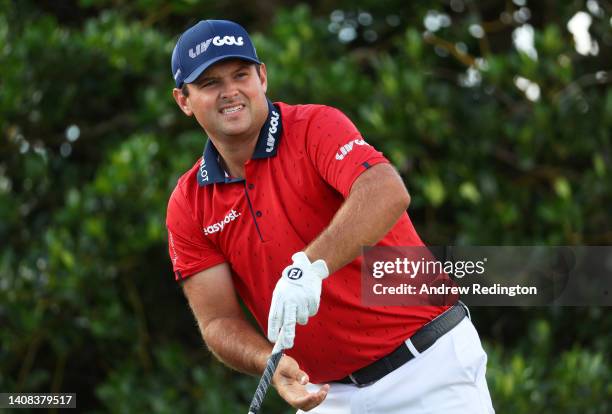 Patrick Reed of The United States looks on from the 3rd during a practice round prior to The 150th Open at St Andrews Old Course on July 13, 2022 in...