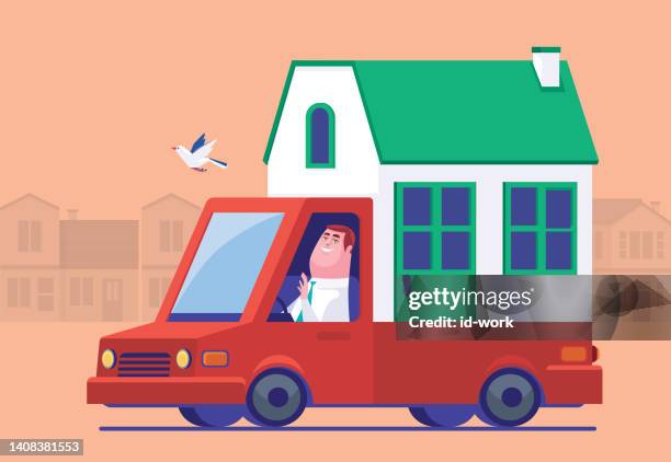 businessman driver carrying house on van - moving truck stock illustrations