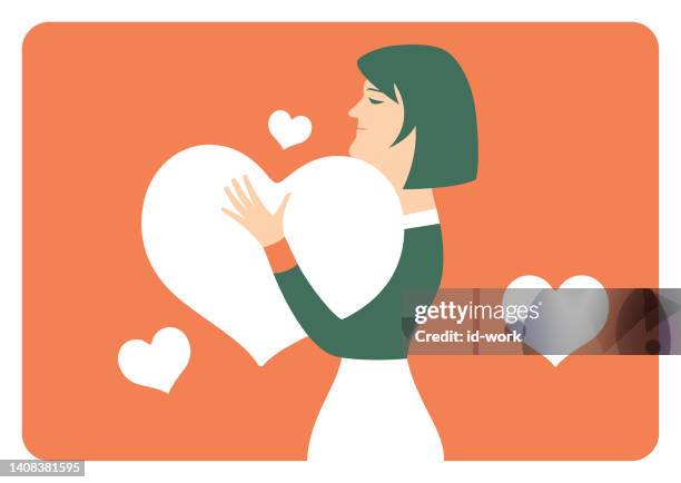 woman hugging heart and thinking - meet expectations stock illustrations