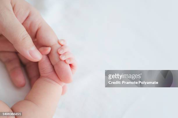 mother uses her hand to hold her baby's tiny hand to make him feeling her love, warm and secure. newborn. - baby 個照片及圖片檔