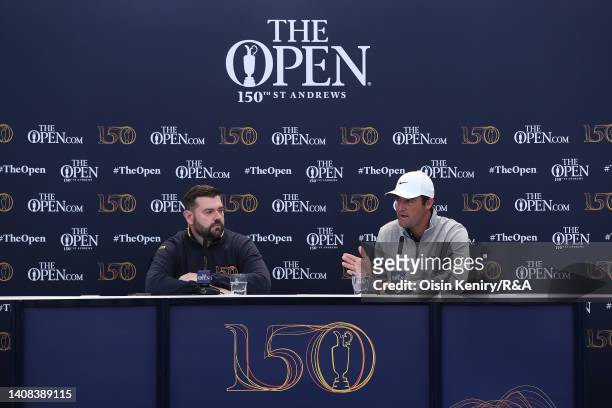 Scottie Scheffler of the United States speaks in a press conference during a practice round prior to The 150th Open at St Andrews Old Course on July...