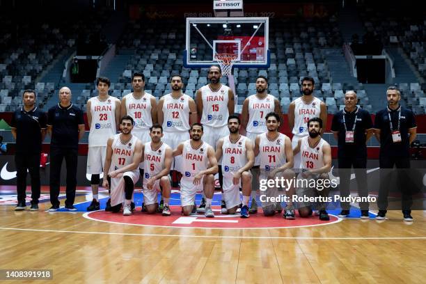 Iran team pose during the FIBA Asia Cup Group C game between Iran and Syria at Istora Gelora Bung Karno on July 13, 2022 in Jakarta, Indonesia.
