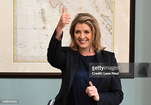Penny Mordaunt gives a thumbs up during an event to launch her campaign to be the next leader of the Conservative Party on July 13, 2022 in London,...