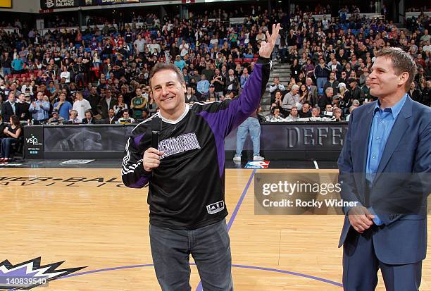 Owners Gavin Maloof and Joe Maloof of the Sacramento Kings address the fans during a game between the Utah Jazz and the Sacramento Kings on February...