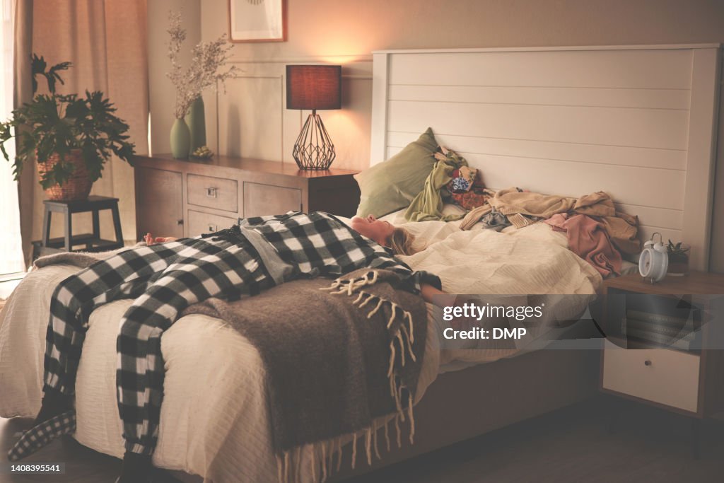Tired Pyjamas Tired Woman In Pajamas Lying On Her Bed In A Modern Bedroom Sleepy ...