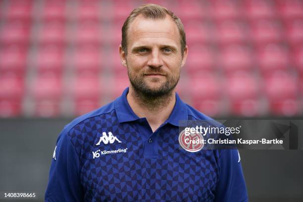 Bo Svensson, Head coach of 1. FSV Mainz 05 poses during the team presentation at MEWA Arena on July 11, 2022 in Mainz, Germany.