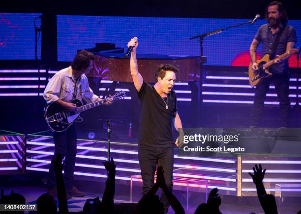 Taylor Locke and Pat Monahan of the band Train performat Pine Knob Music Theatre in support of their AM GOLD Tour 2022 on July 12, 2022 in Clarkston,...